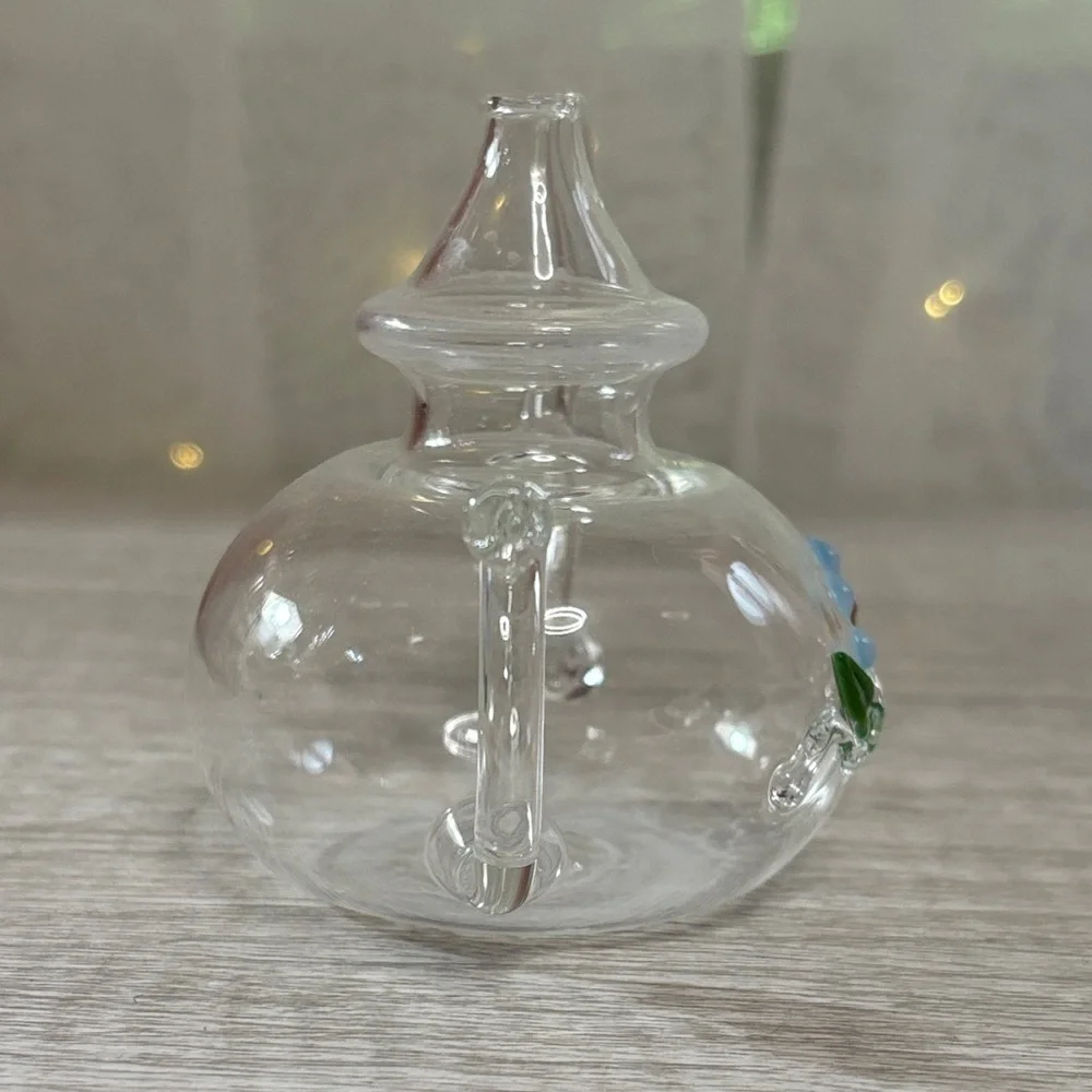 Clear Glass Teapot with Blue Flower Design